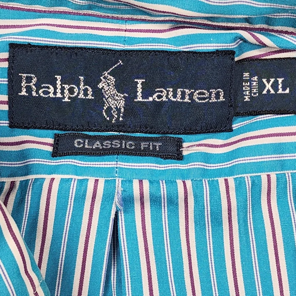 Ralph Lauren Button Down Shirt Mens XL Blue Striped Good Classic Fit Long Sleeve